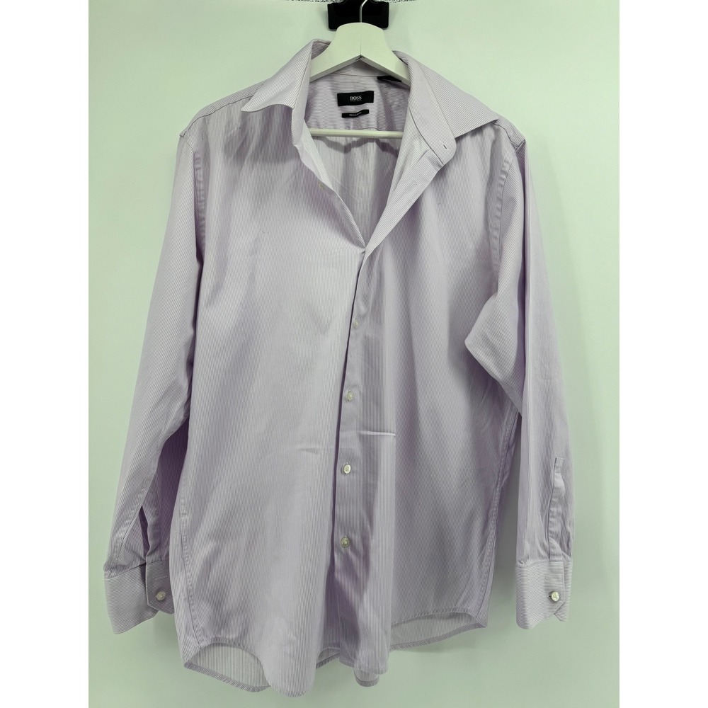 Hugo Boss Mens Dress Shirt 16 32/33 Regular Fit Purple White Micro Stripe Cotton